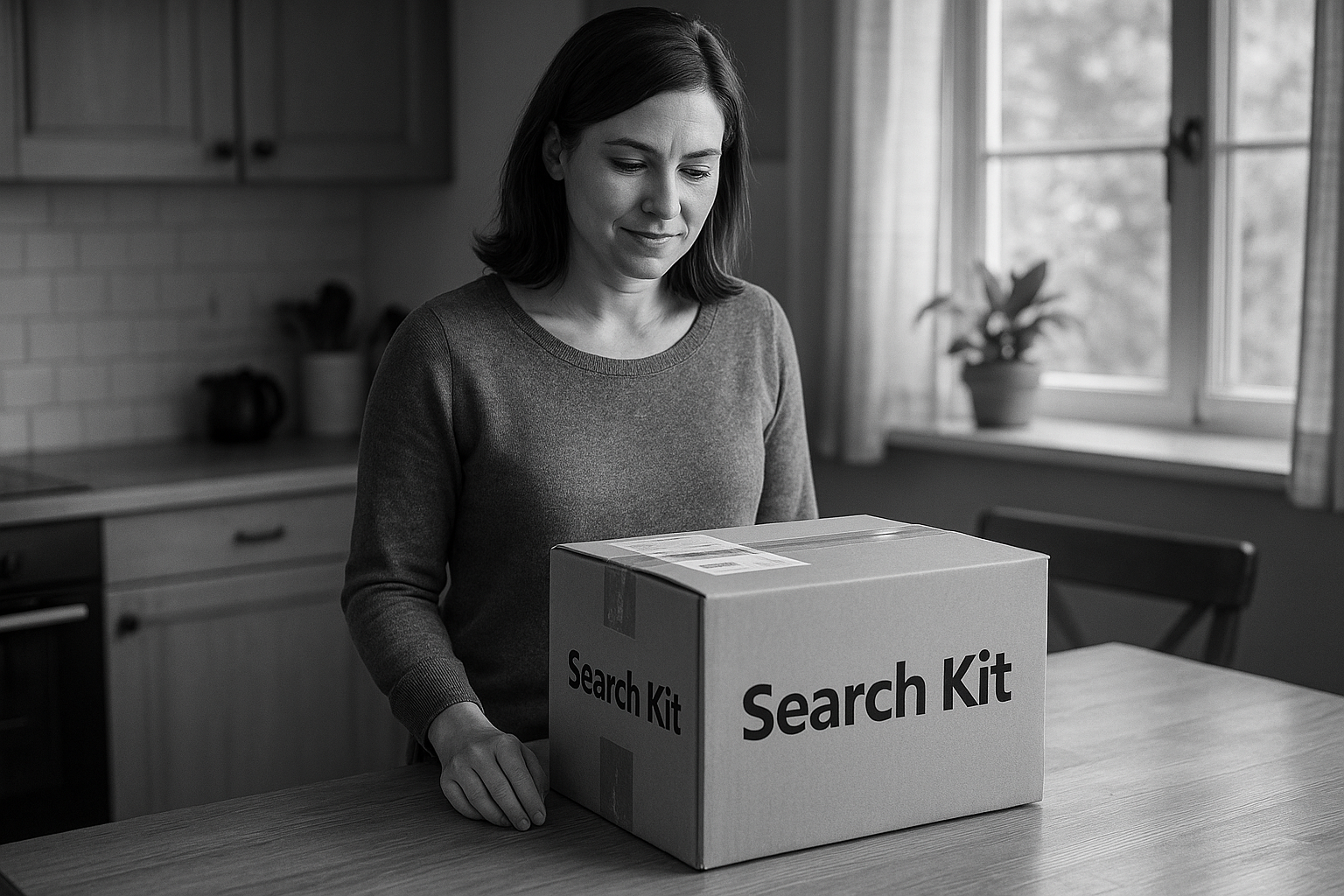 change the word. to 'Search Kit' and make the box a bit smaller. also make the lady's expression serious but pleased her box has come in the post